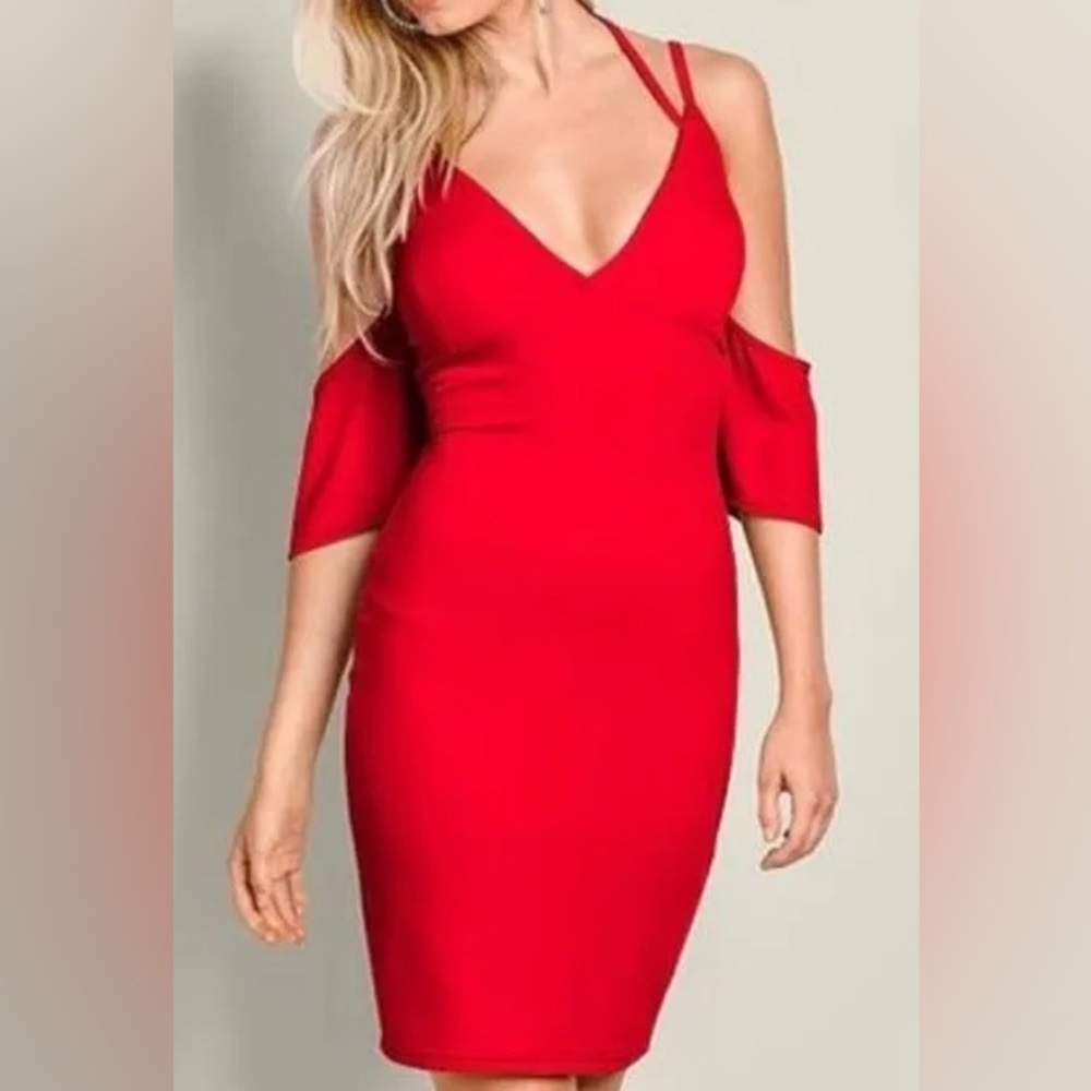Am Venus Red Cold Shoulder Strappy Romantic Dress